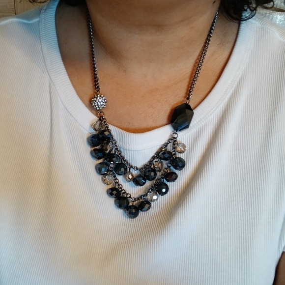 Vera Wang Dark Blue Silver Tone Multi Strand Rhinestone Beaded Ball Bib Necklace - Picture 2 of 11